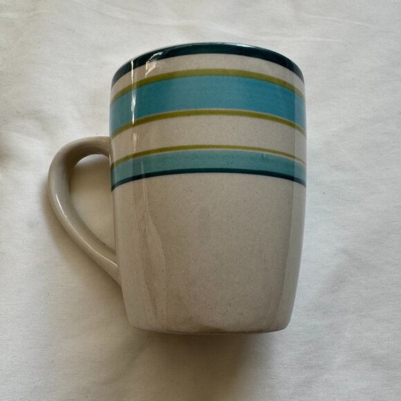 EUC Royal Norfolk Coffee Mug - Stoneware, Gray Cream with Blue & Green Stripes - Picture 1 of 8